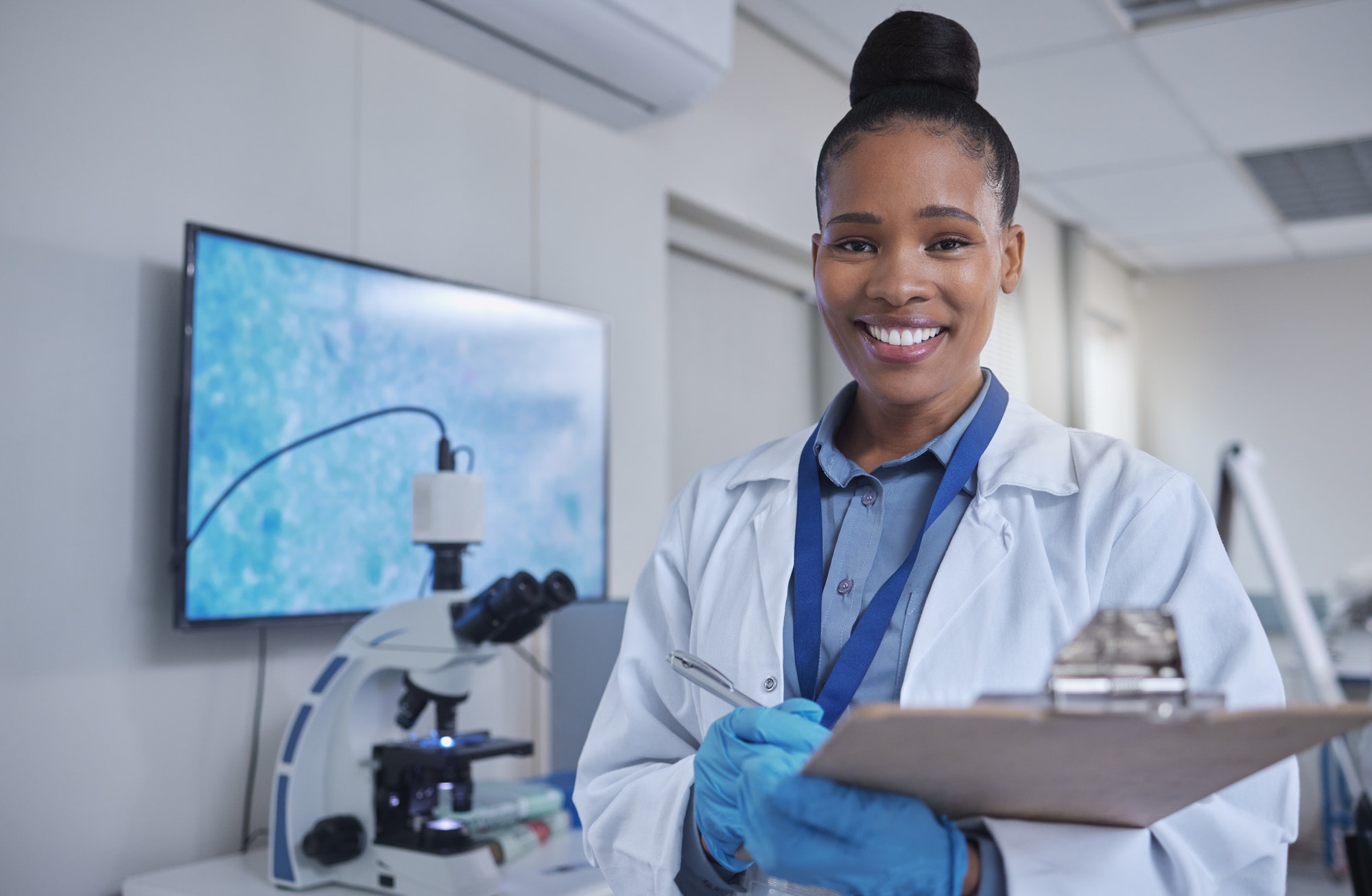 Black woman, portrait or laboratory clipboard in science research, dna engineering or data analytic